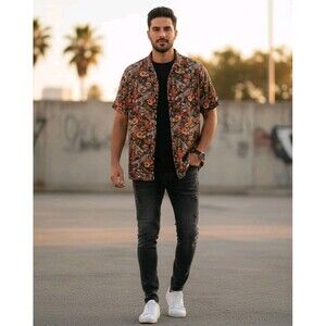Yiumi Jungle Print Short Sleeve Button Down Shirt Men's Tropical Hawaiian M